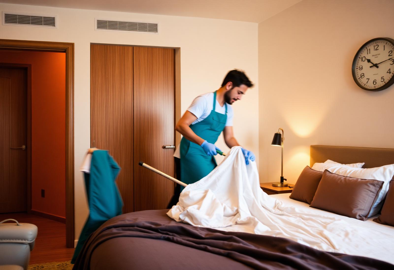 Equipe trocando enxoval entre hóspedes